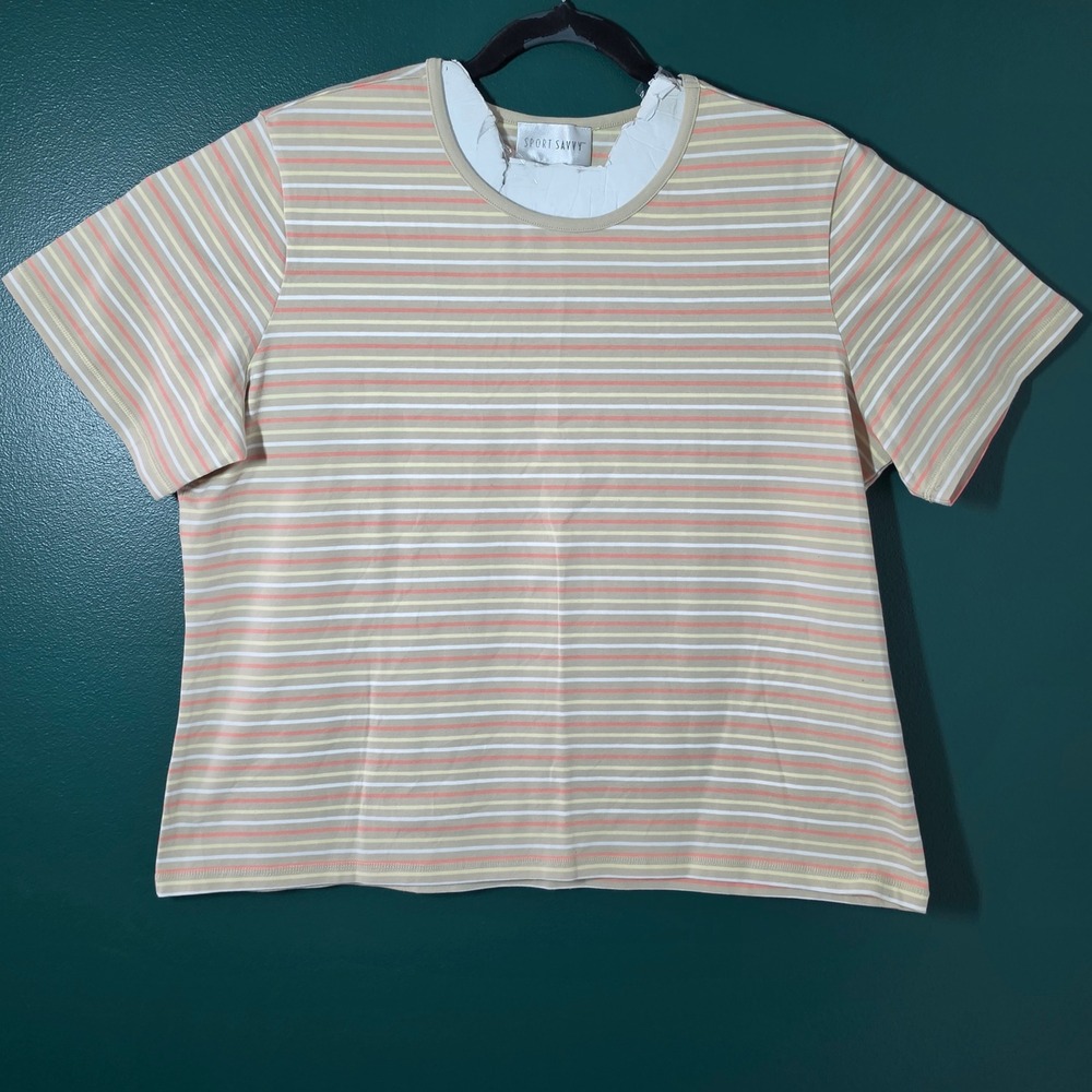 Sport Savvy Womens XL Striped T-Shirt Tan Orange Yellow Short Sleeve Crew Neck